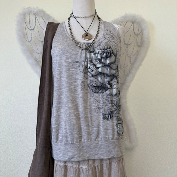 Agenda Tops - Y2K Girly Grunge Gray Rose Graphic Tank Top Sleeveless Racerback Boho Relaxed